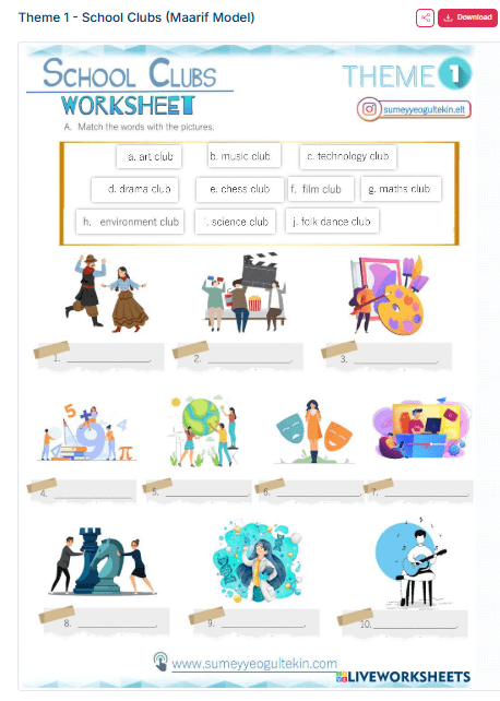 Theme 1 - School Clubs Interactive Worksheet (Maarif Model)